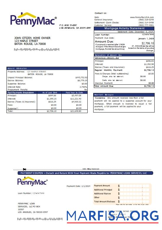 Blank USA California Pennymac Loan Services mortgage statement scr template